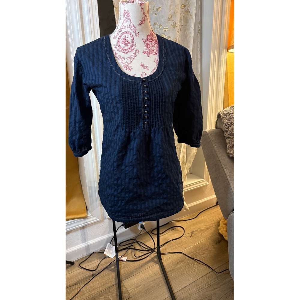 Ann Taylor LOFT Navy Blue Cotton Pintuck Tunic 3/4 Sleeve Textured Top Size 2 - Picture 5 of 7